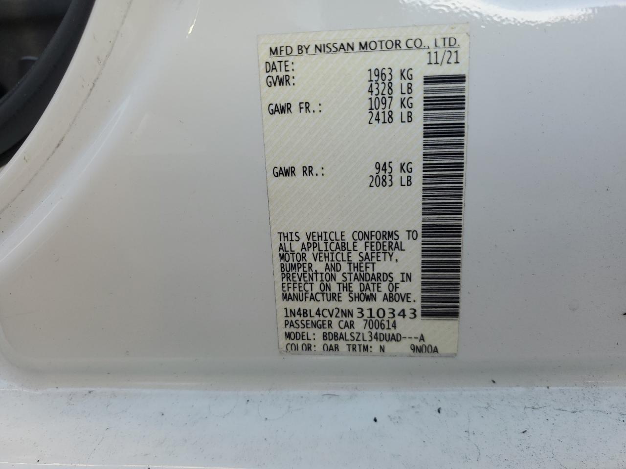 2022 NISSAN ALTIMA SR VIN:1N4BL4CV2NN310343