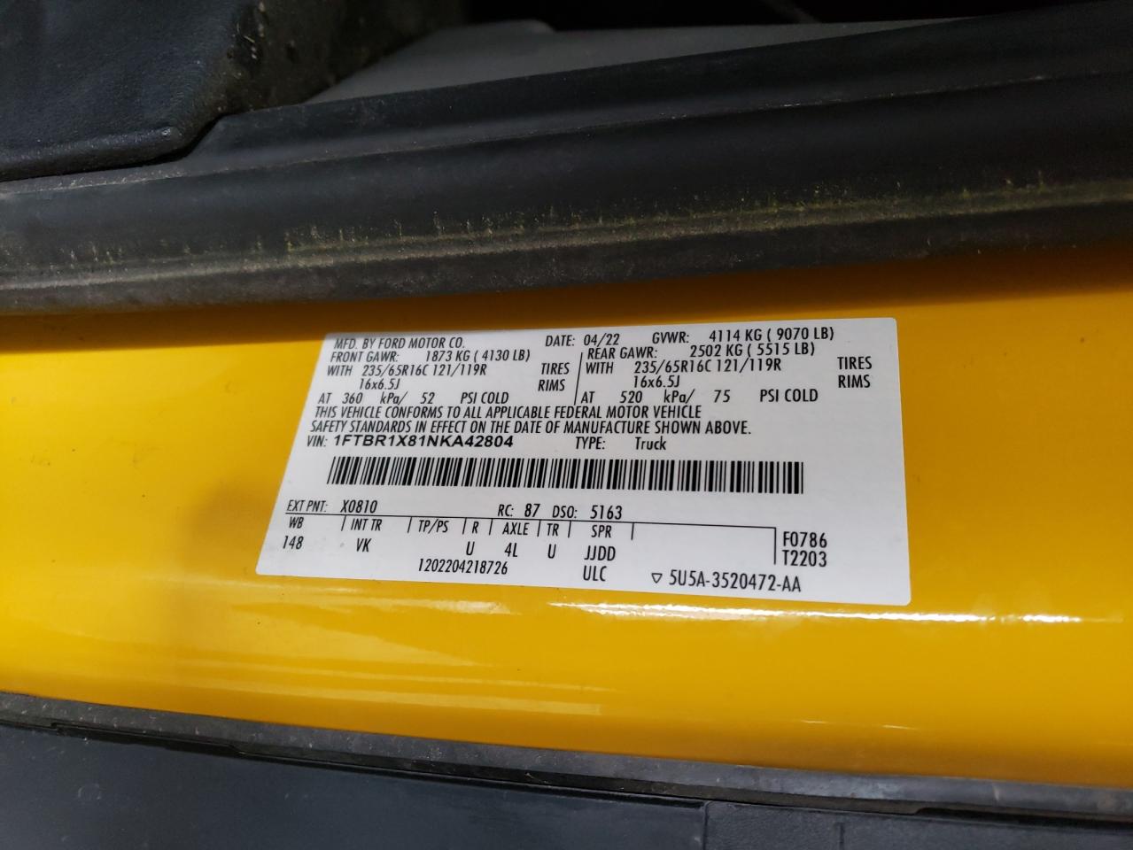 2022 FORD TRANSIT T-250 VIN:1FTBR1X81NKA42804