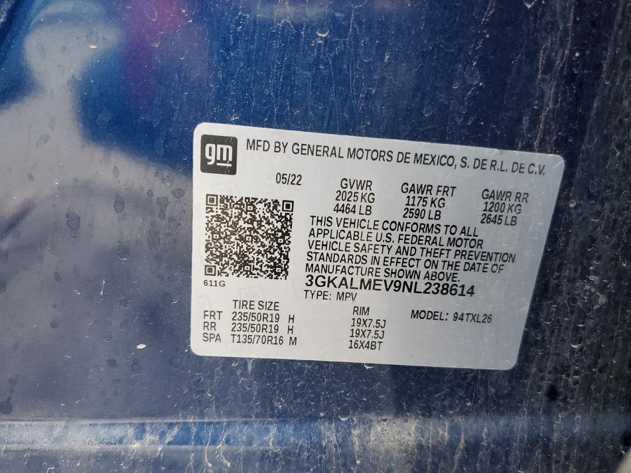 2022 GMC TERRAIN SLE VIN:3GKALMEV9NL238614