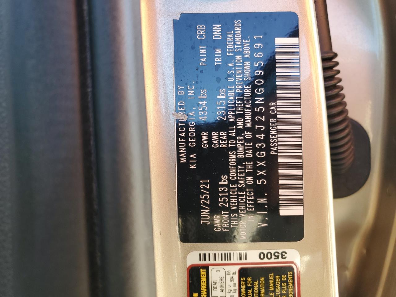 2022 KIA K5 EX VIN:5XXG34J25NG095691