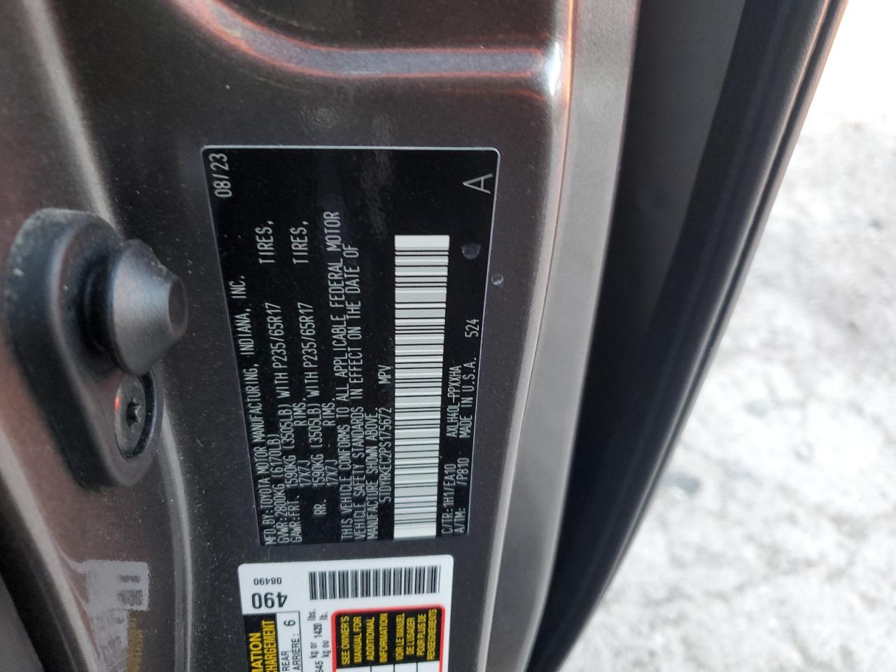 2023 TOYOTA SIENNA XLE VIN:5TDYRKEC2PS175672