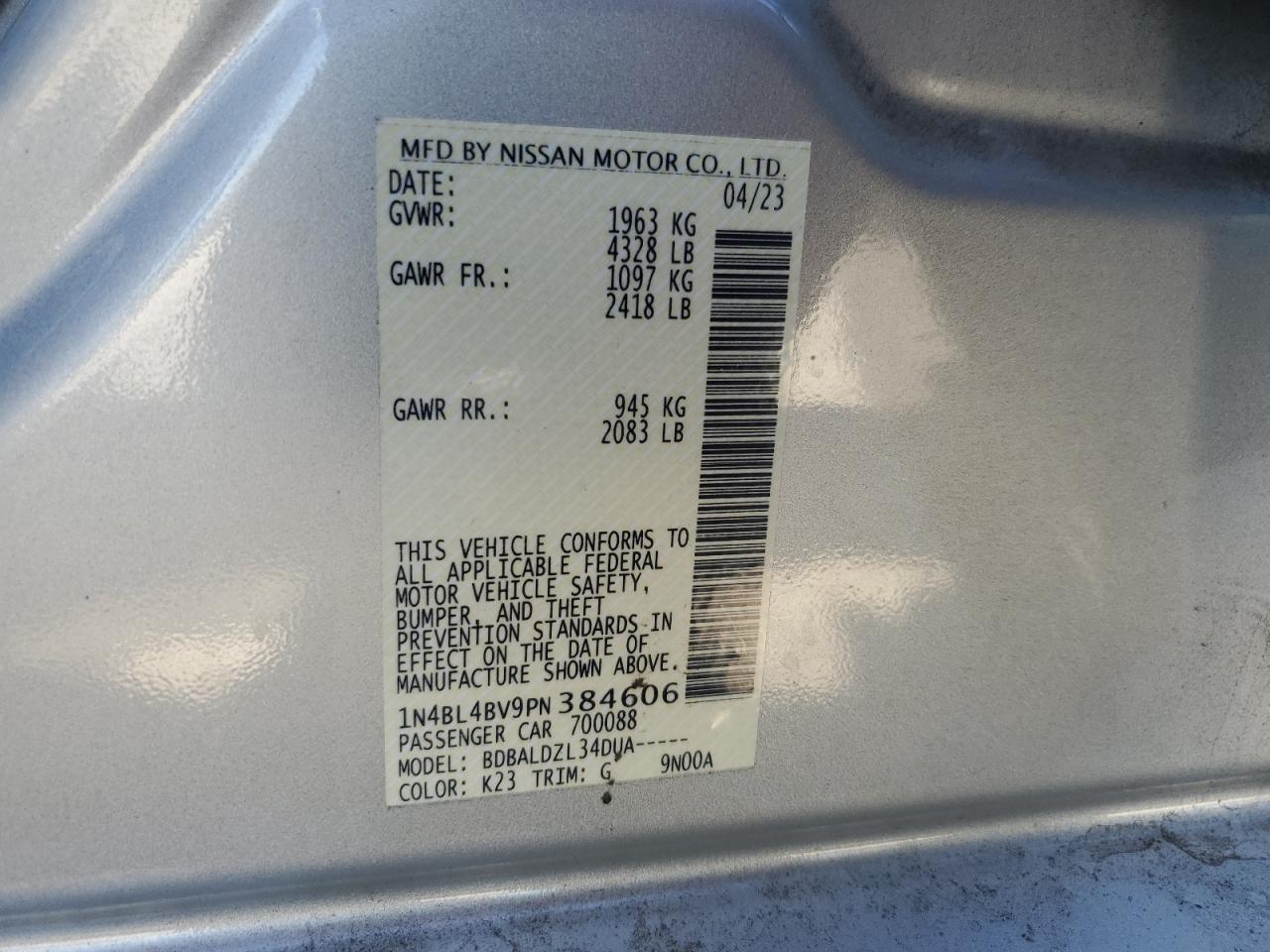 2023 NISSAN ALTIMA S VIN:1N4BL4BV9PN384606