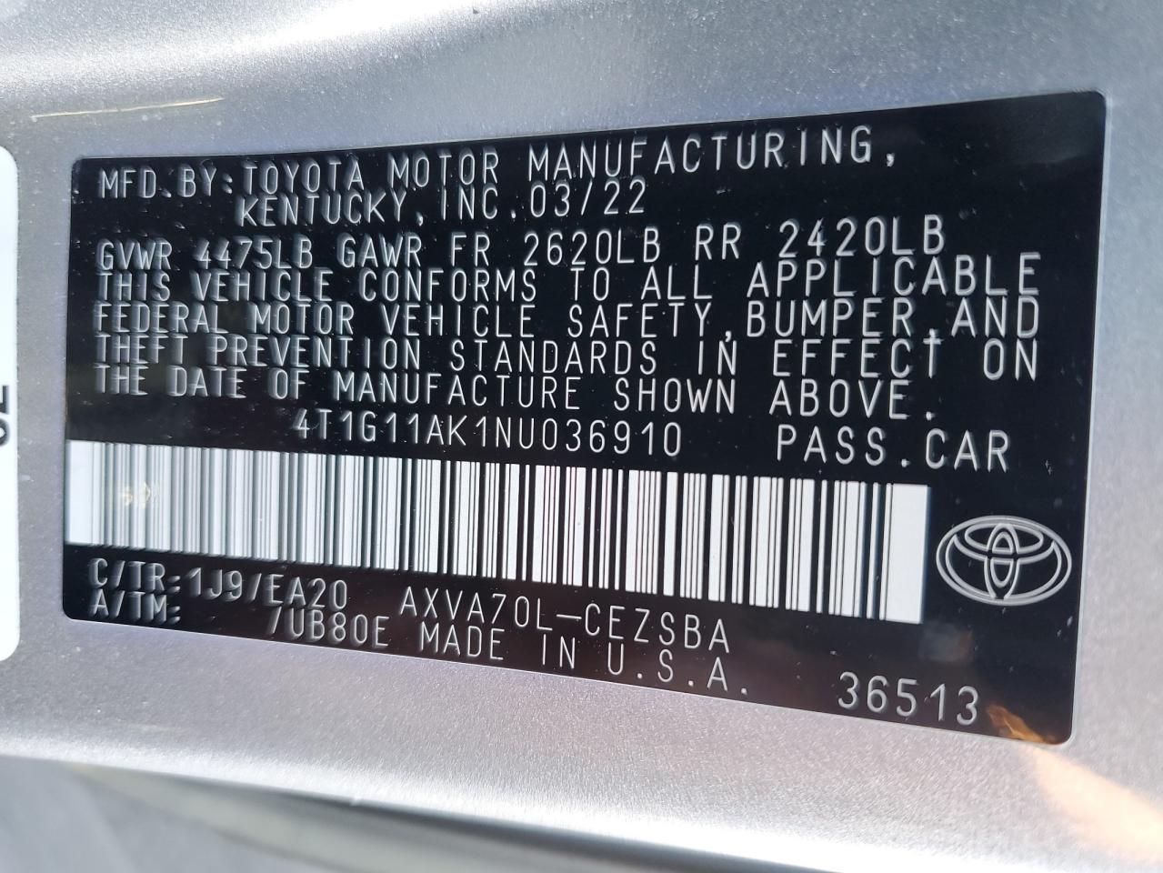 2022 TOYOTA CAMRY SE VIN:4T1G11AK1NU036910