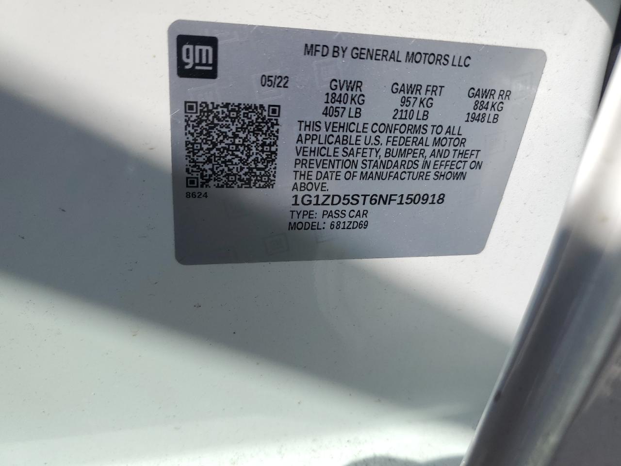 2022 CHEVROLET MALIBU LT VIN:1G1ZD5ST6NF150918