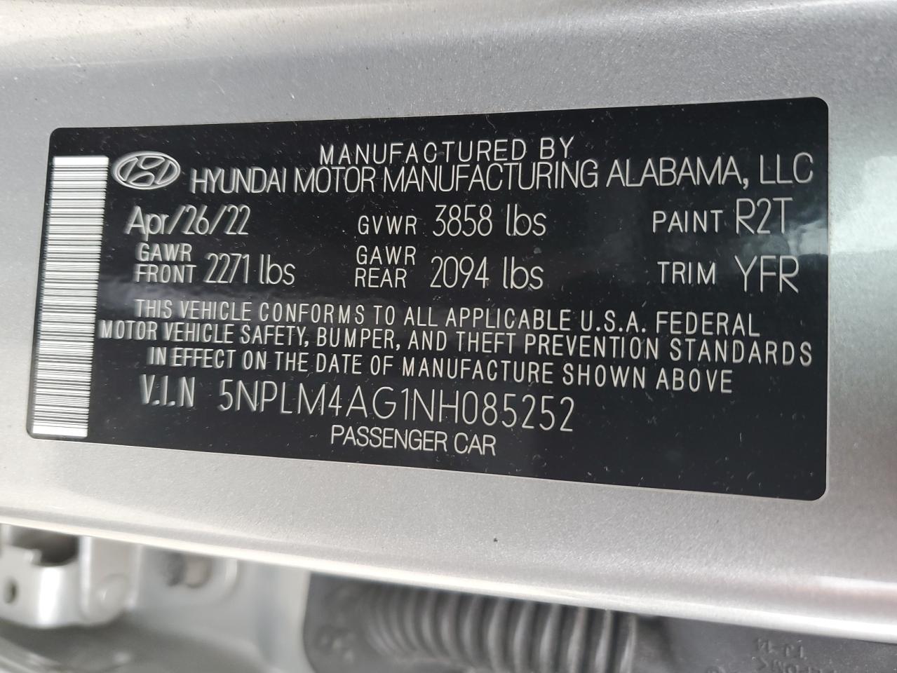 2022 HYUNDAI ELANTRA SEL VIN:5NPLM4AG1NH085252
