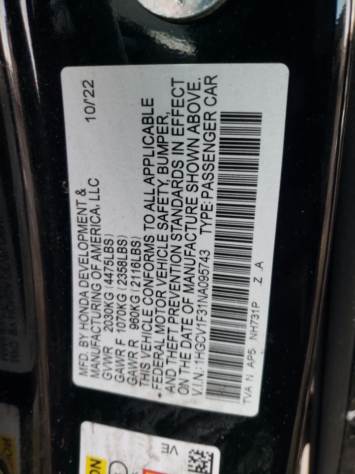 2022 HONDA ACCORD SPORT VIN:1HGCV1F31NA095743