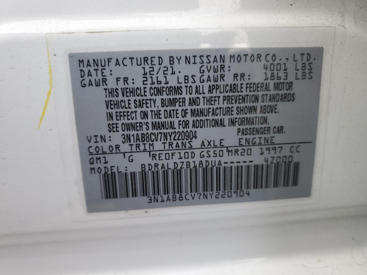 2022 NISSAN SENTRA SV VIN:3N1AB8CV7NY220904
