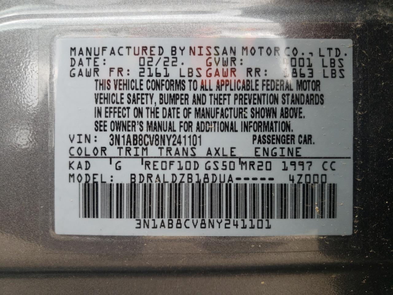 2022 NISSAN SENTRA SV VIN:3N1AB8CV8NY241101