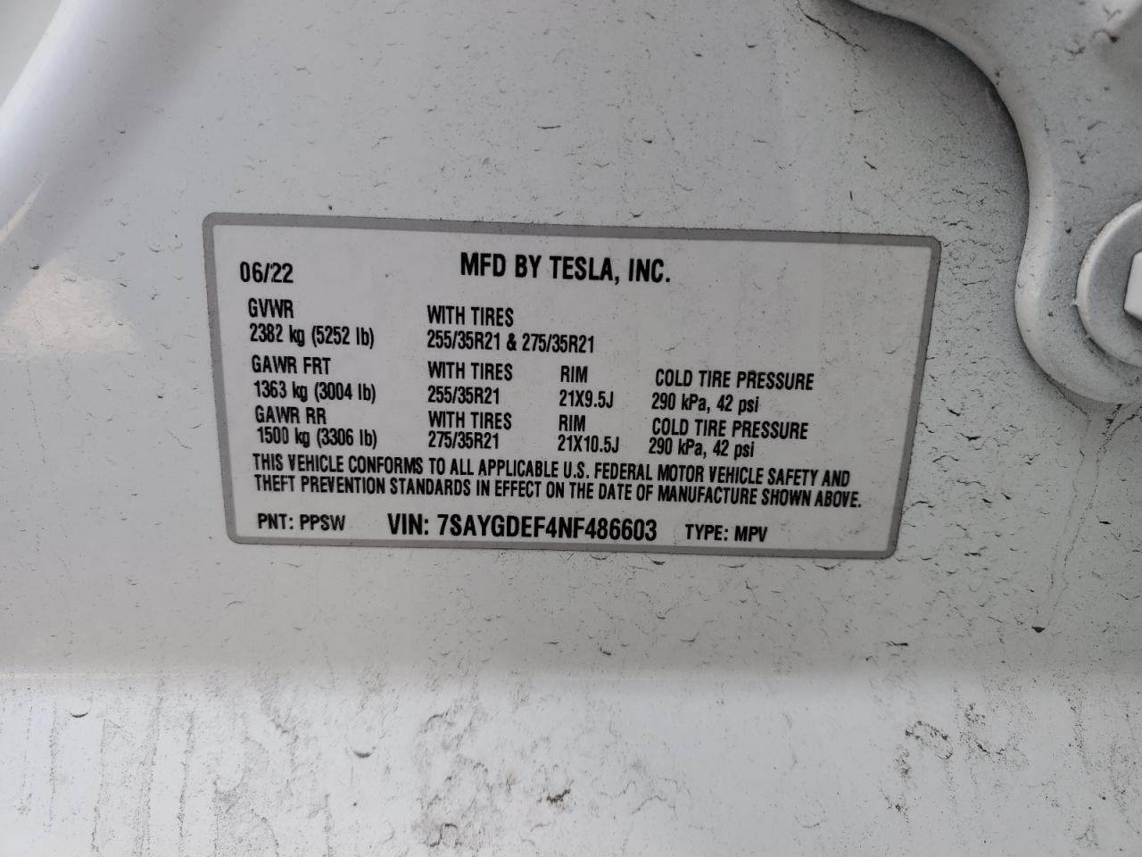 2022 TESLA MODEL Y  VIN:7SAYGDEF4NF486603