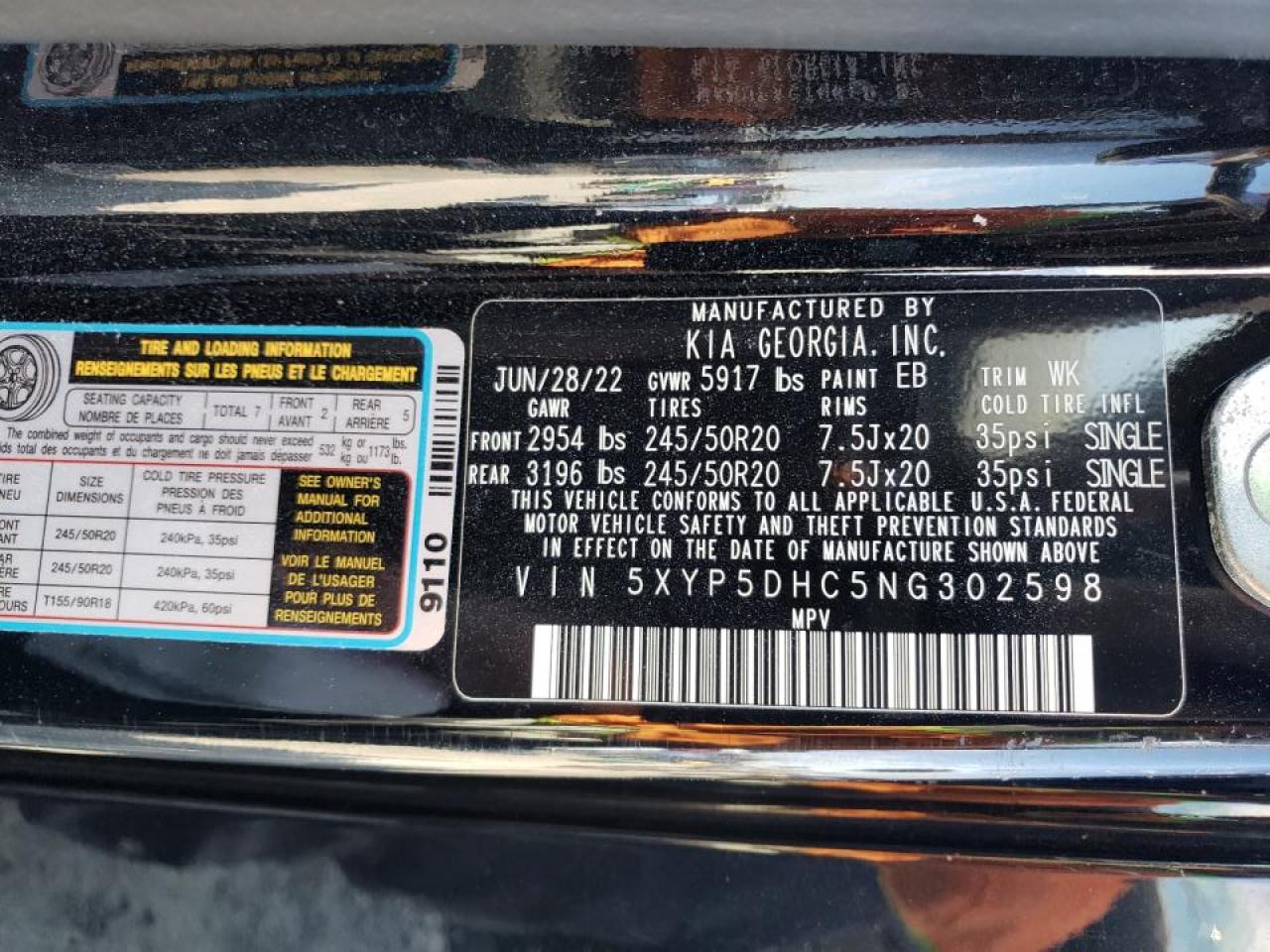 2022 KIA TELLURIDE SX VIN:5XYP5DHC5NG302598