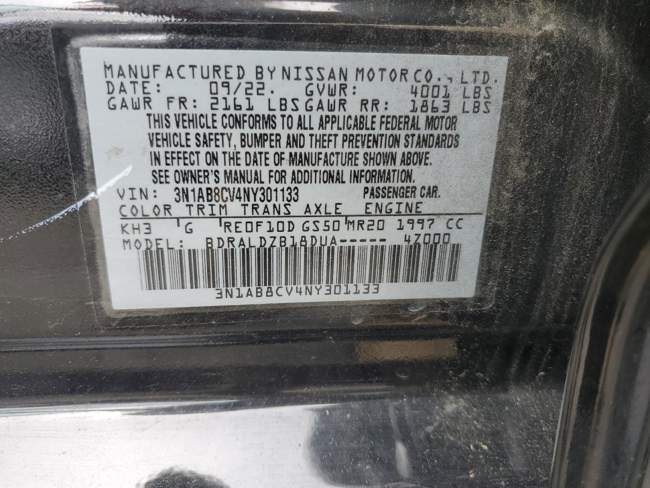 2022 NISSAN SENTRA SV VIN:3N1AB8CV4NY301133