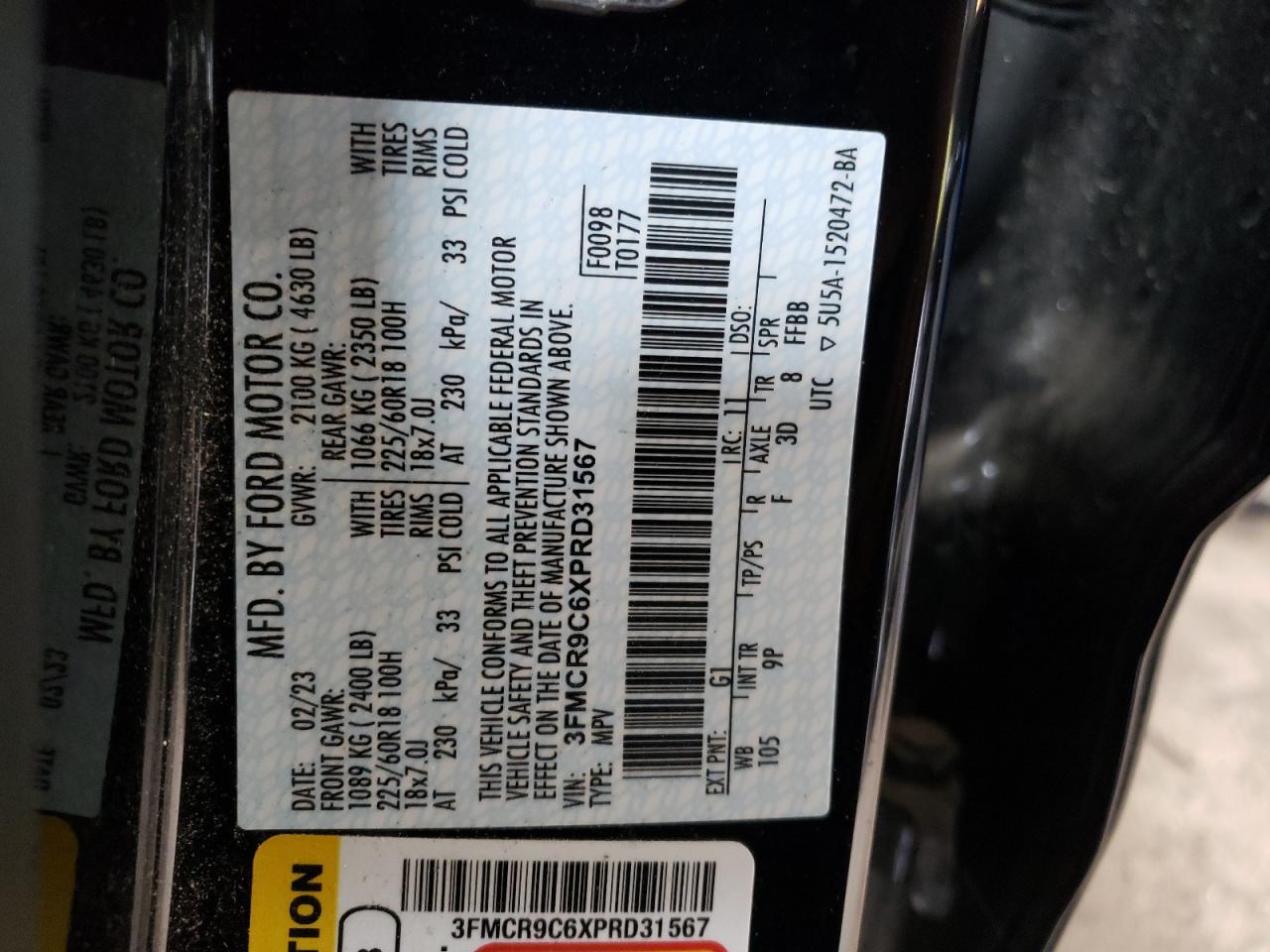 2023 FORD BRONCO SPORT OUTER BANKS VIN:3FMCR9C6XPRD31567