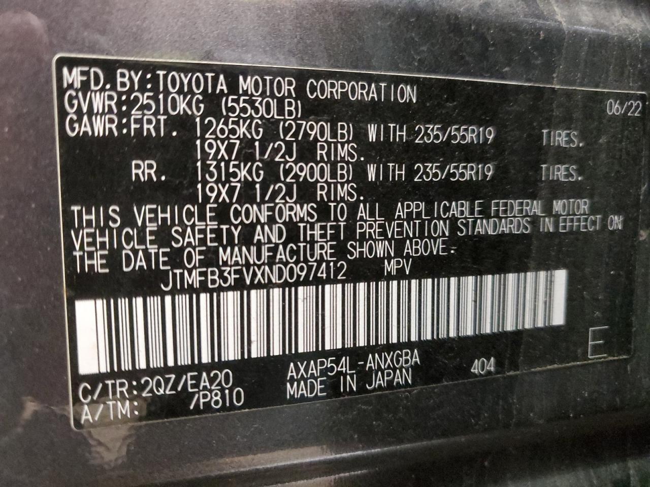 2022 TOYOTA RAV4 PRIME XSE VIN:JTMFB3FVXND097412