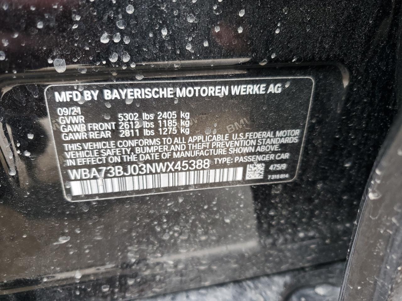 2022 BMW 540 XI VIN:WBA73BJ03NWX45388