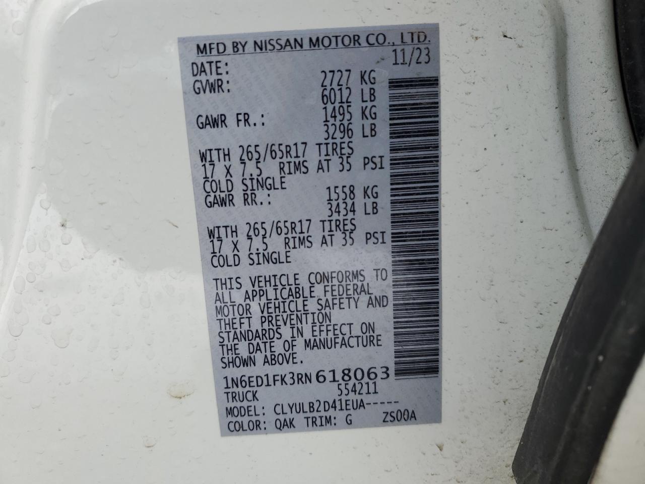 2024 NISSAN FRONTIER SV VIN:1N6ED1FK3RN618063
