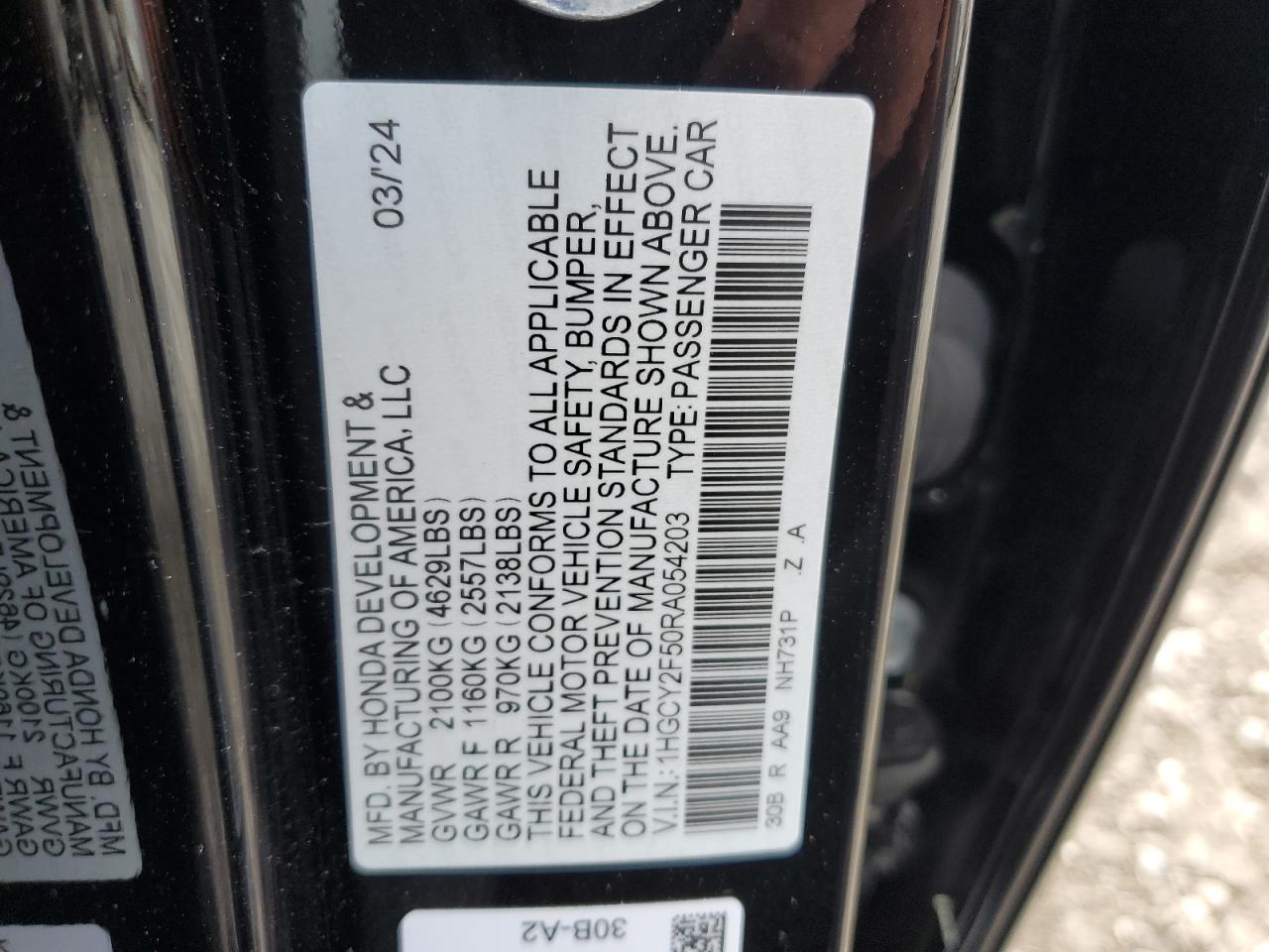 2024 HONDA ACCORD HYBRID SPORT VIN:1HGCY2F50RA054203