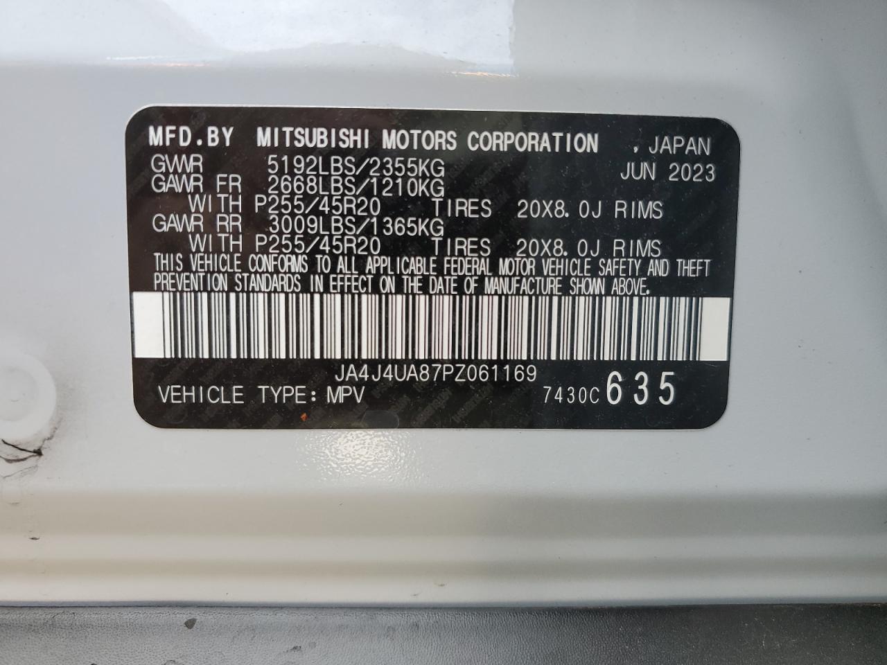 2023 MITSUBISHI OUTLANDER SE VIN:JA4J4UA87PZ061169