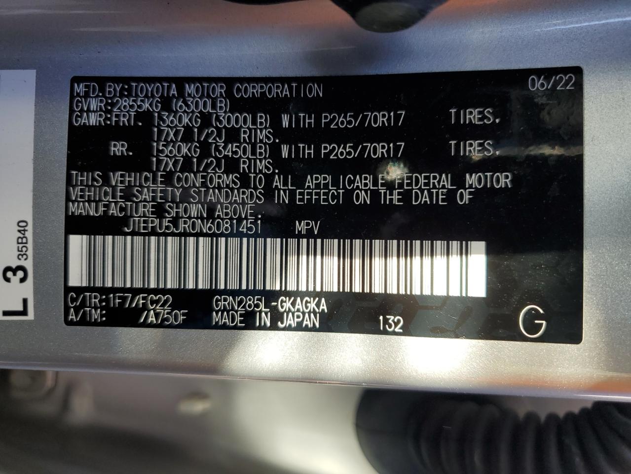 2022 TOYOTA 4RUNNER SR5/SR5 PREMIUM VIN:JTEPU5JR0N6081451