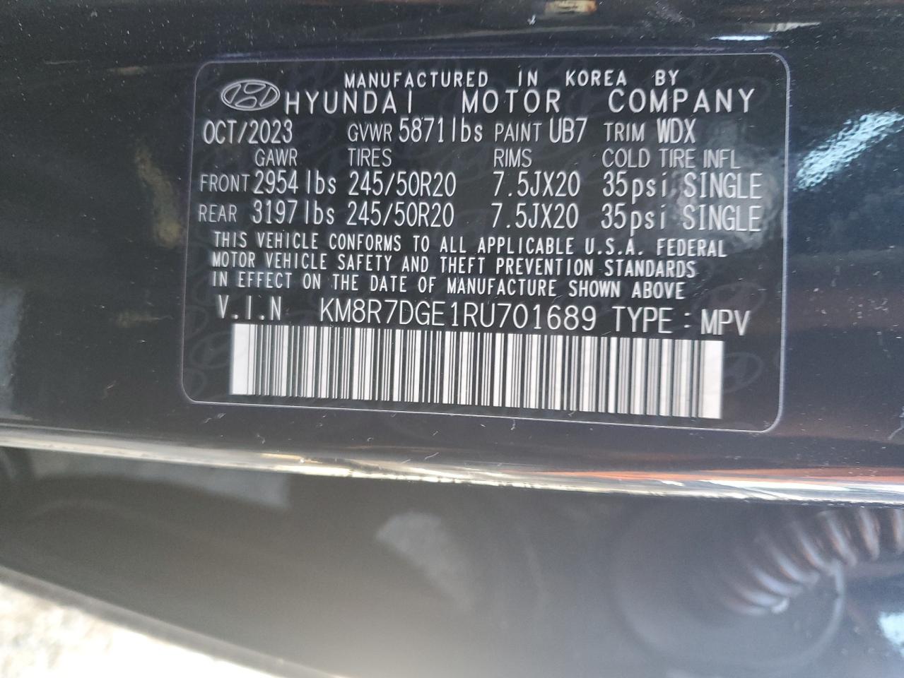 2024 HYUNDAI PALISADE CALLIGRAPHY VIN:KM8R7DGE1RU701689
