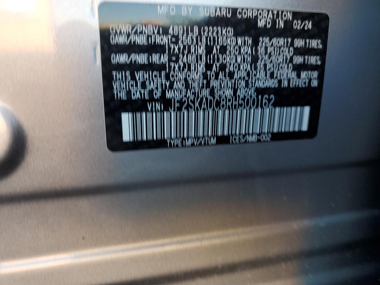 2024 SUBARU FORESTER PREMIUM VIN:JF2SKADC8RH500162