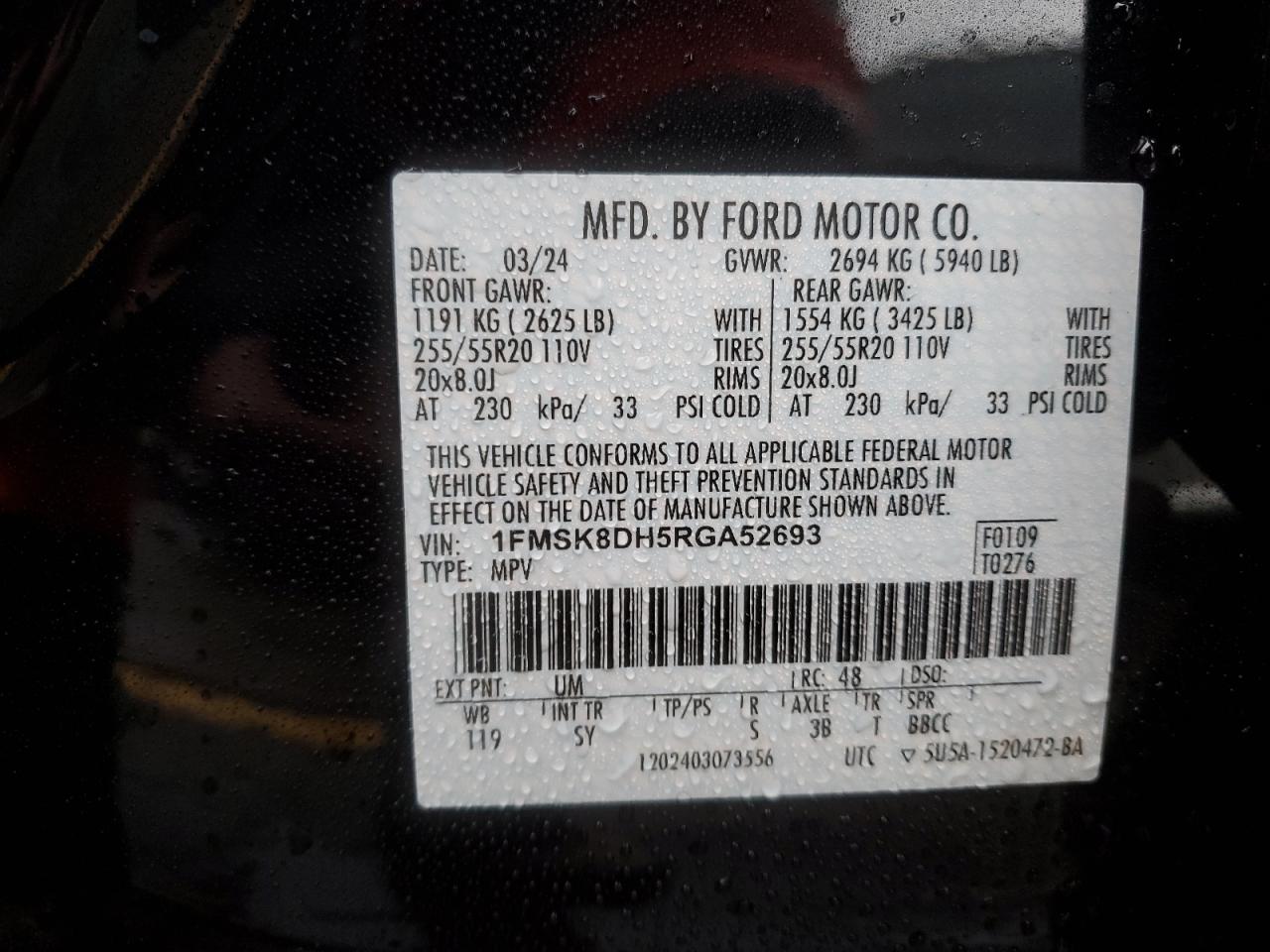 2024 FORD EXPLORER XLT VIN:1FMSK8DH5RGA52693