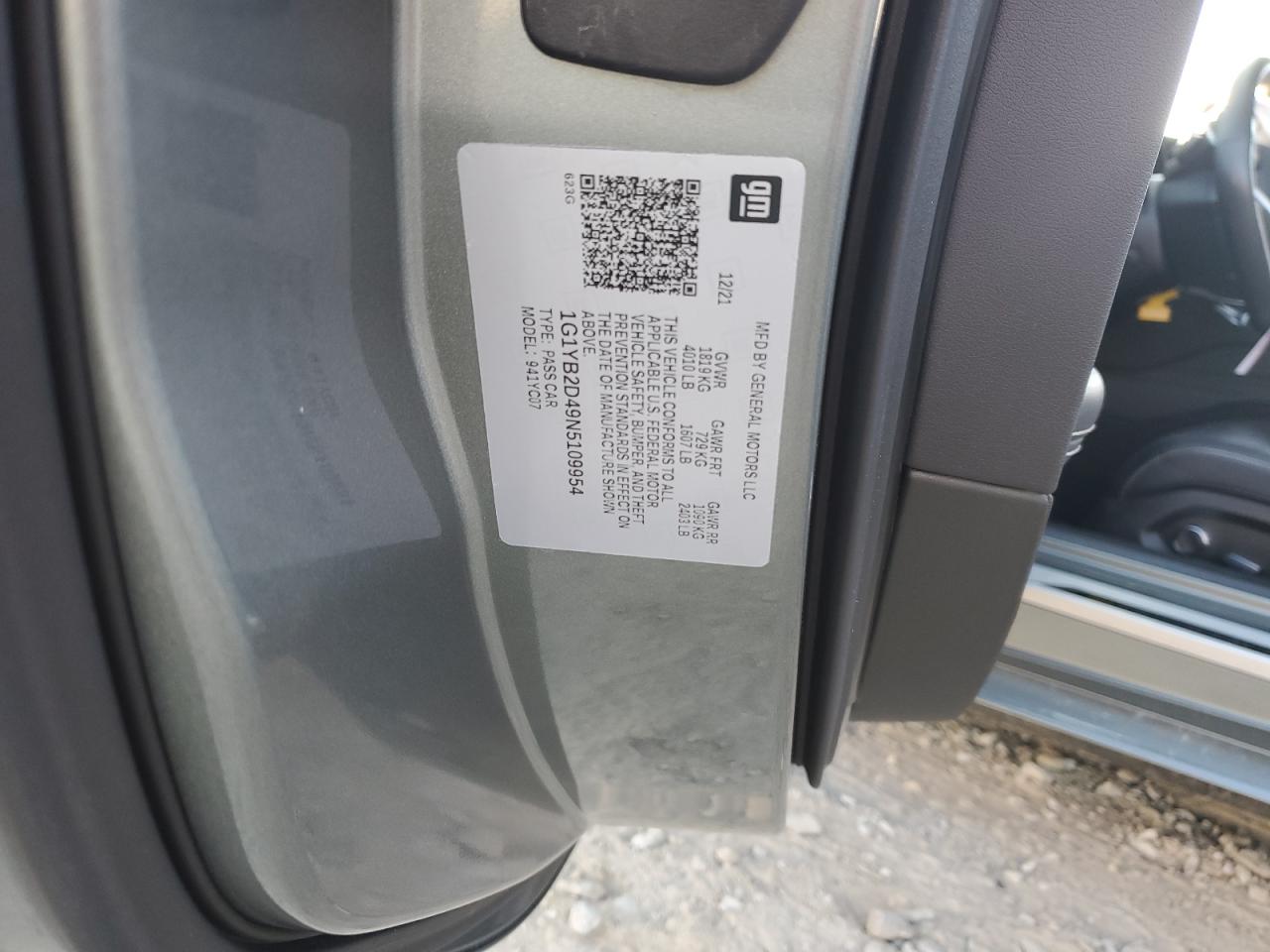 2022 CHEVROLET CORVETTE STINGRAY 2LT VIN:1G1YB2D49N5109954