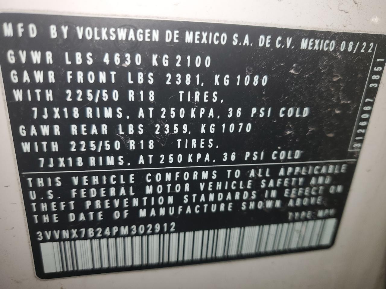 2023 VOLKSWAGEN TAOS SE VIN:3VVNX7B24PM302912