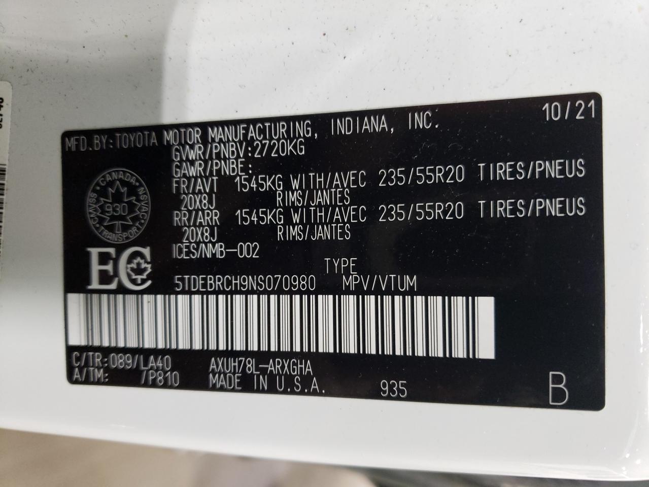 2022 TOYOTA HIGHLANDER HYBRID PLATINUM VIN:5TDEBRCH9NS70980