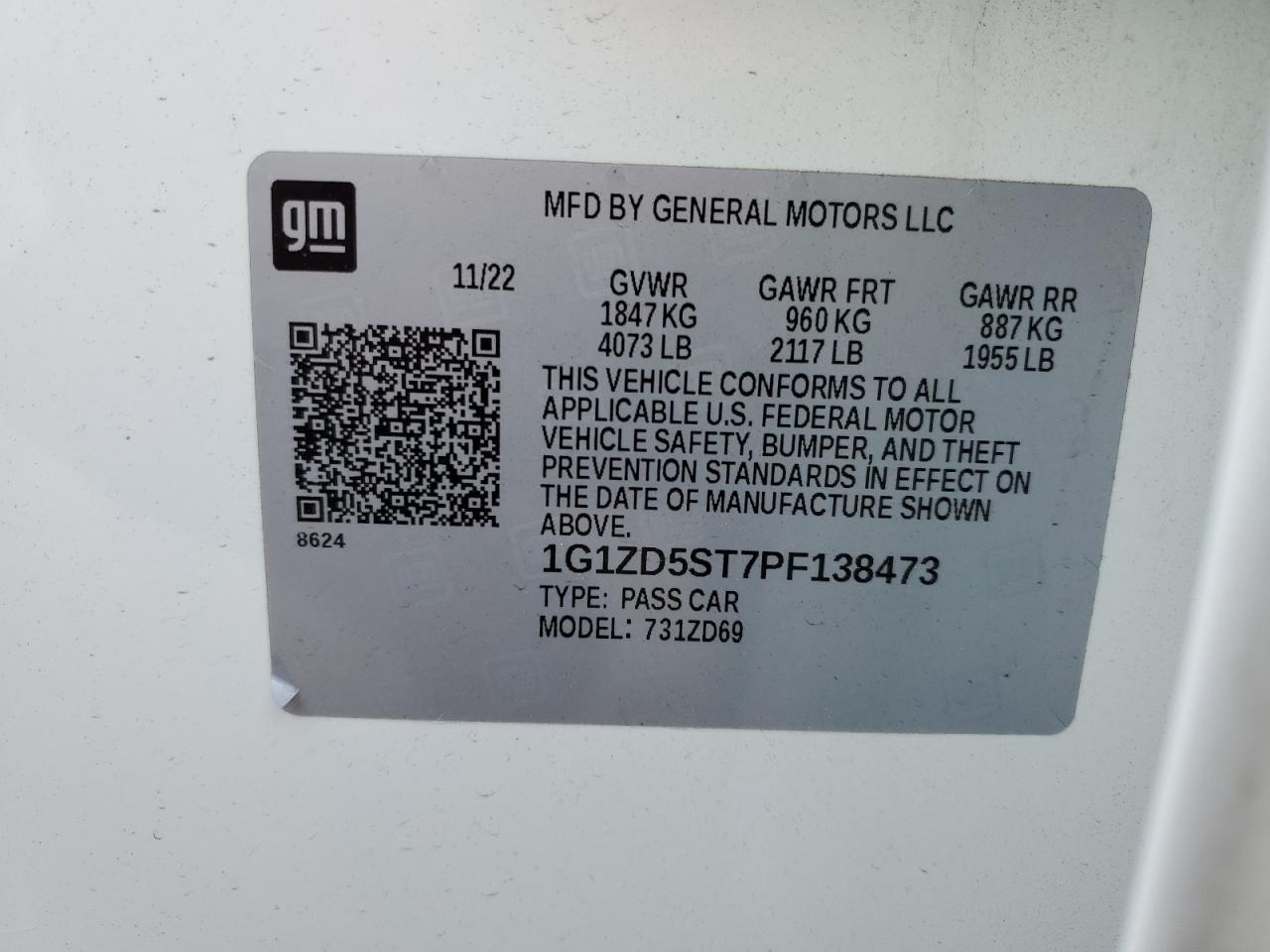 2023 CHEVROLET MALIBU LT VIN:1G1ZD5ST7PF138473