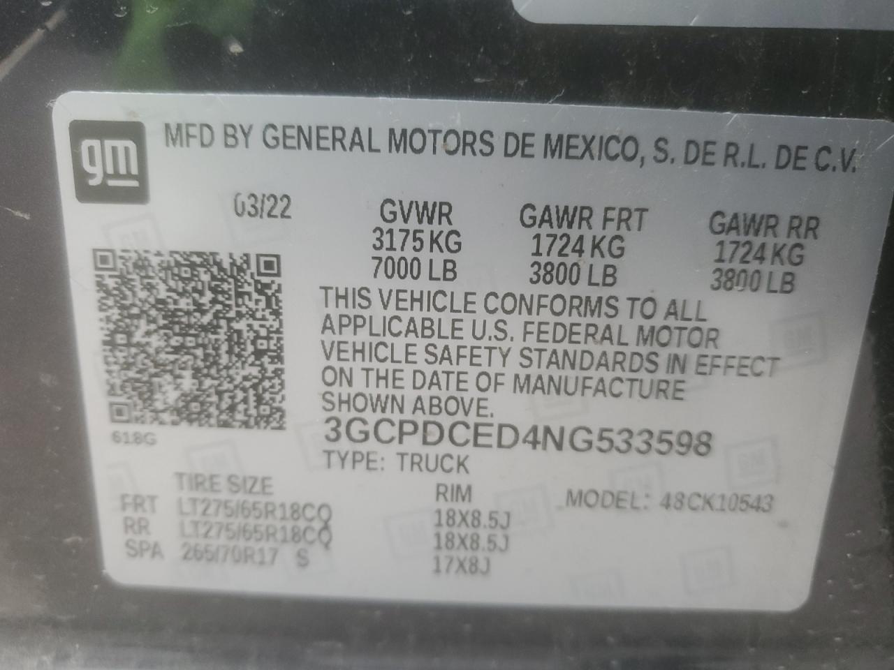 2022 CHEVROLET SILVERADO K1500 TRAIL BOSS CUSTOM VIN:3GCPDCED4NG533598