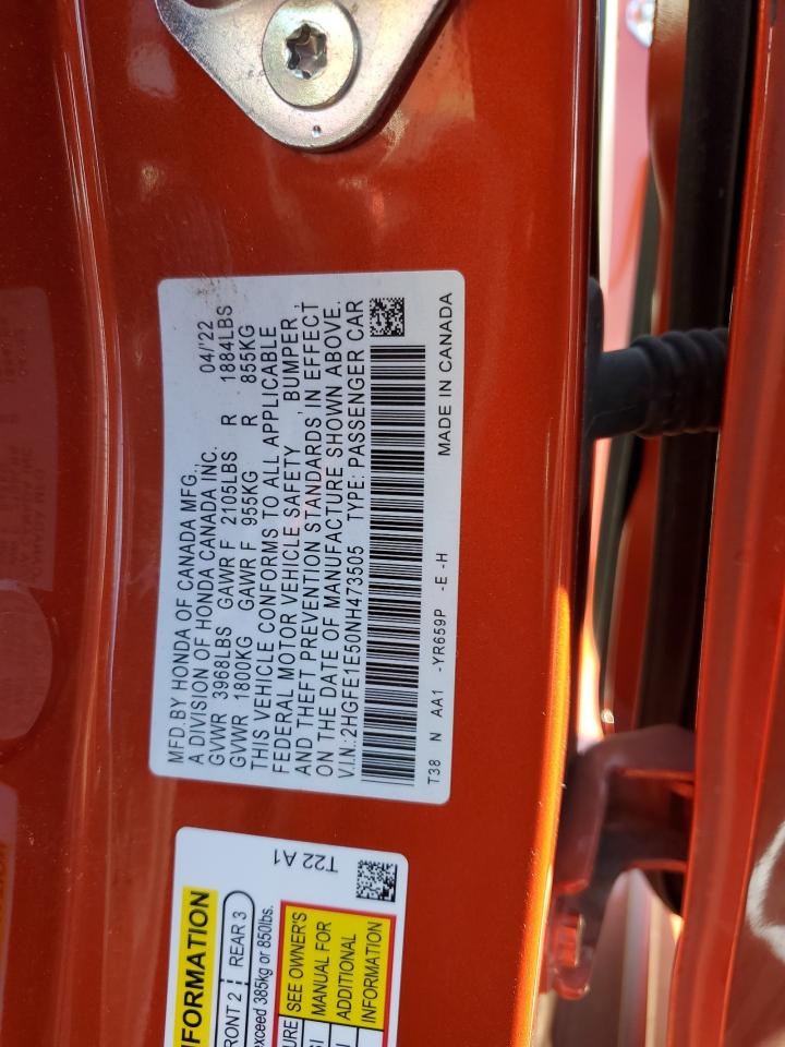 2022 HONDA CIVIC SI VIN:2HGFE1E50NH473505