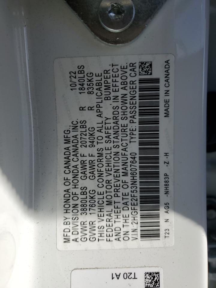 2022 HONDA CIVIC SPORT VIN:2HGFE2F53NH607640