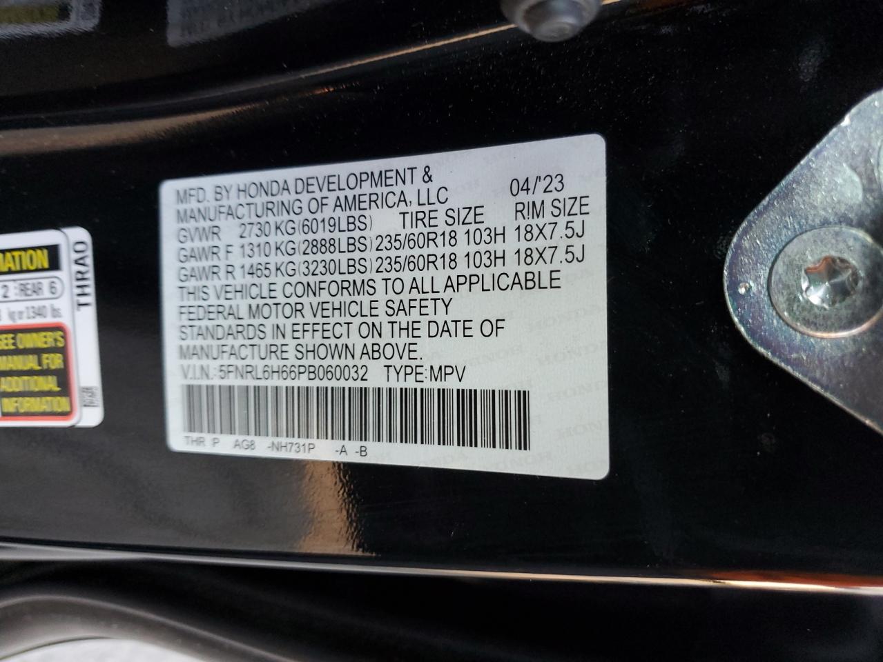 2023 HONDA ODYSSEY EXL VIN:5FNRL6H66PB060032