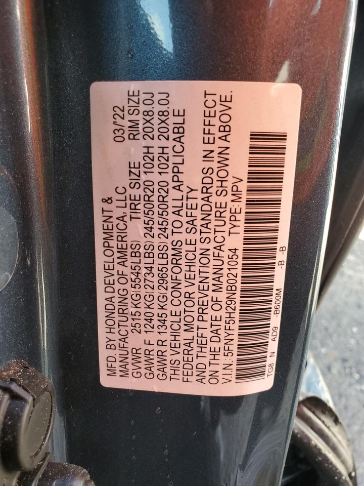 2022 HONDA PILOT SE VIN:5FNYF5H29NB021054