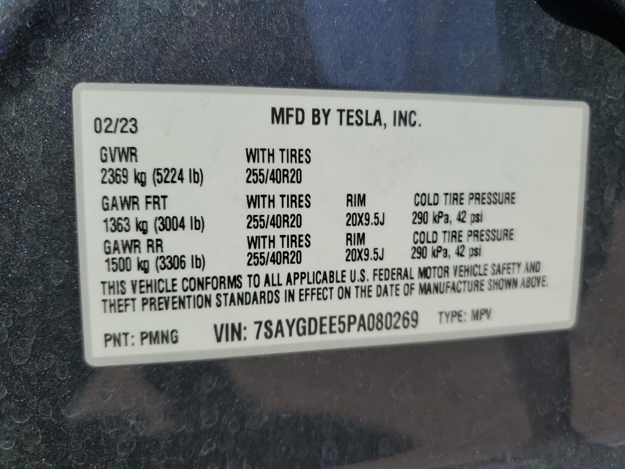 2023 TESLA MODEL Y  VIN:7SAYGDEE5PA080269