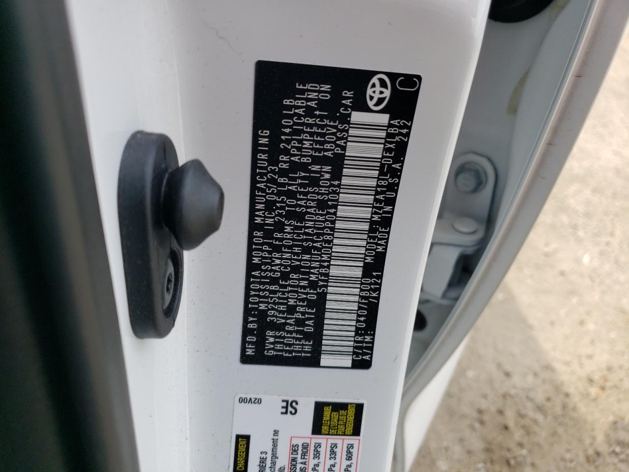 2023 TOYOTA COROLLA LE VIN:5YFB4MDE8PP041034