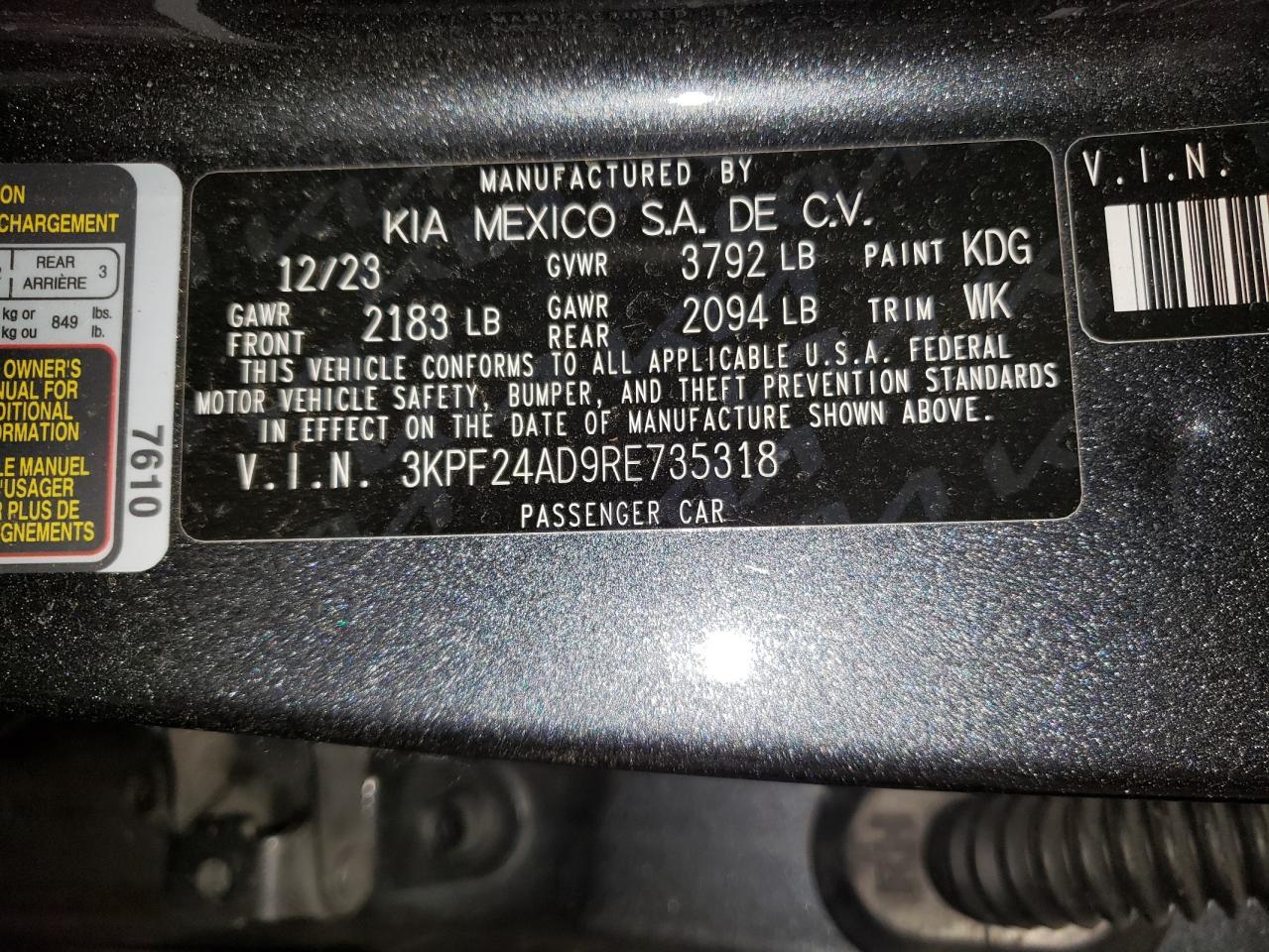 2024 KIA FORTE LX VIN:3KPF24AD9RE735318