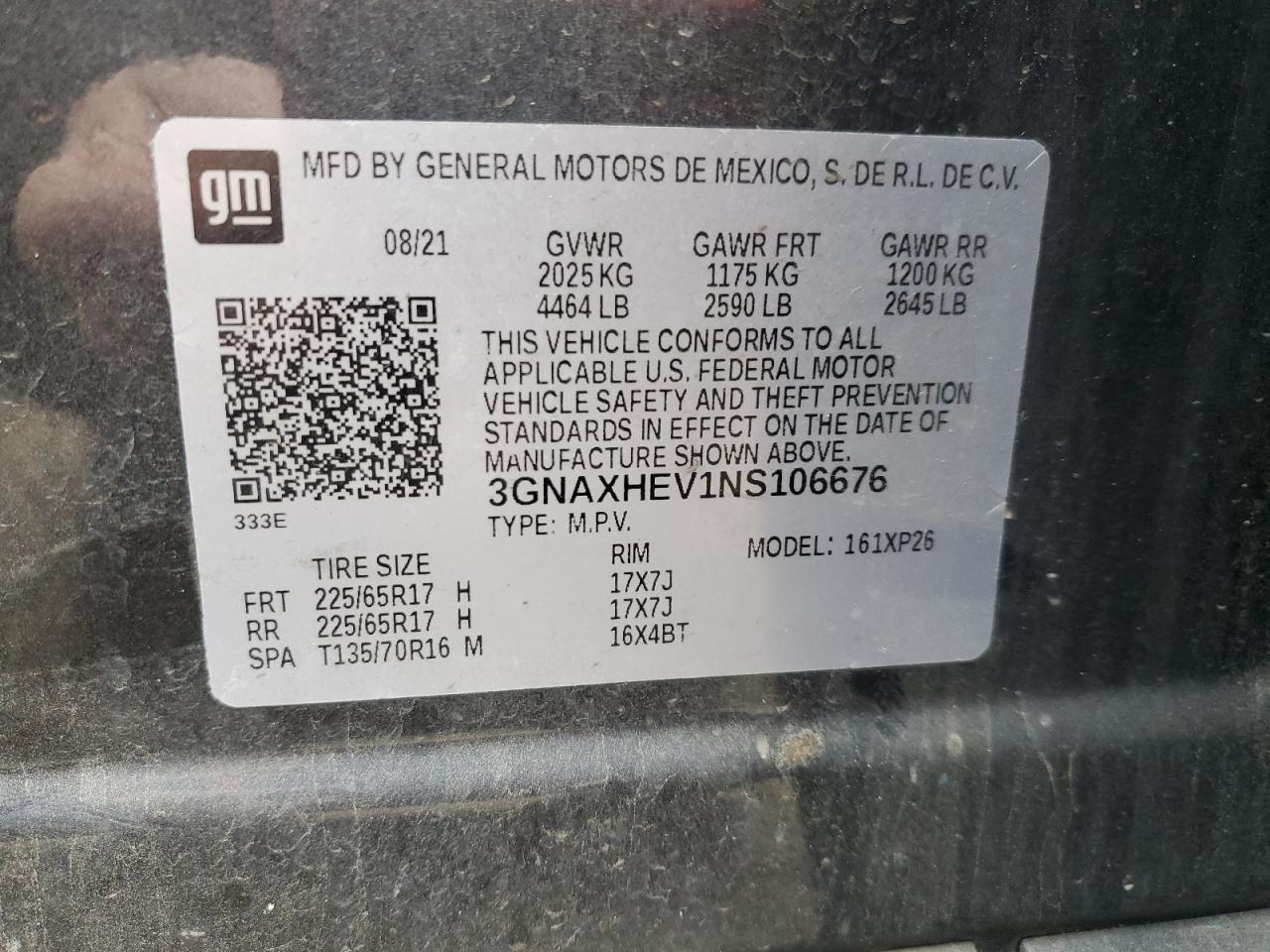 2022 CHEVROLET EQUINOX LS VIN:3GNAXHEV1NS106676