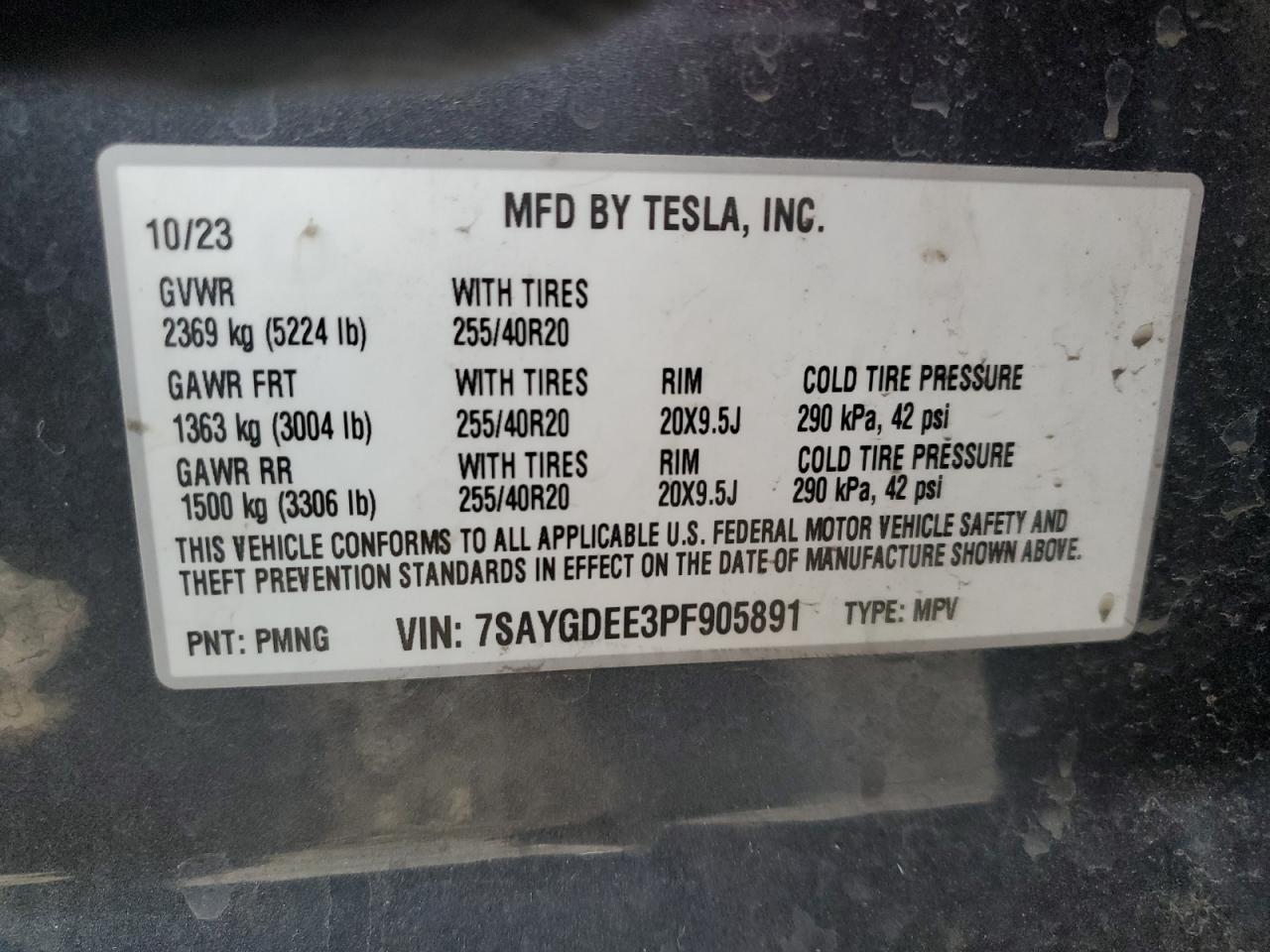 2023 TESLA MODEL Y  VIN:7SAYGDEE3PF905891