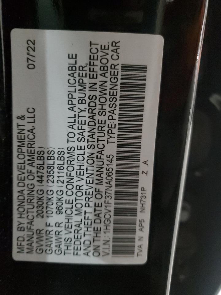 2022 HONDA ACCORD SPORT VIN:1HGCV1F37NA065145
