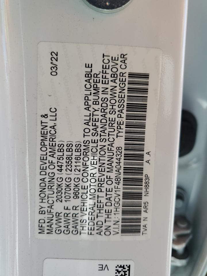 2022 HONDA ACCORD SPORT SE VIN:1HGCV1F48NA044328