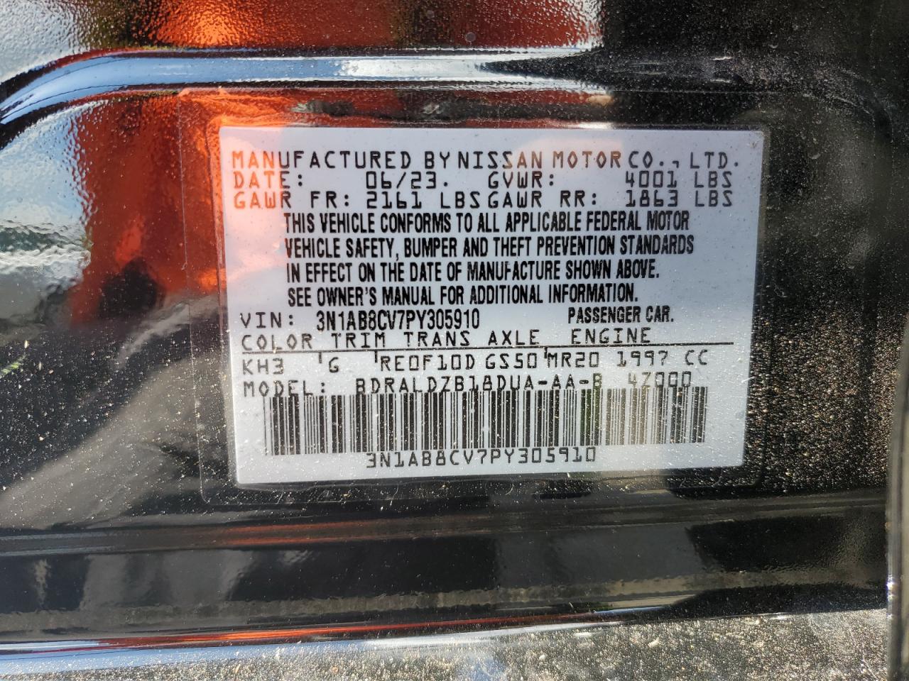 2023 NISSAN SENTRA SV VIN:3N1AB8CV7PY305910