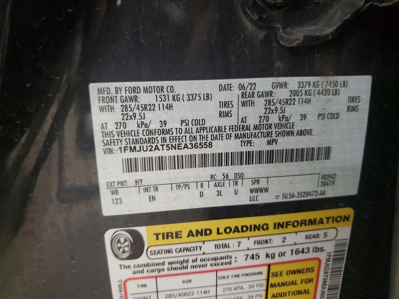2022 FORD EXPEDITION LIMITED VIN:1FMJU2AT5NEA36558