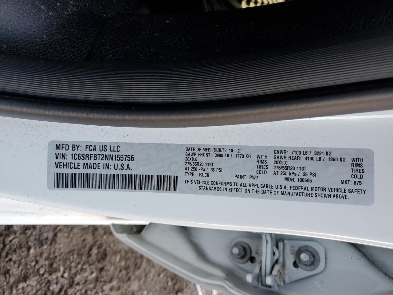 2022 RAM 1500 BIG H VIN:2C6SRFBT2NN155756