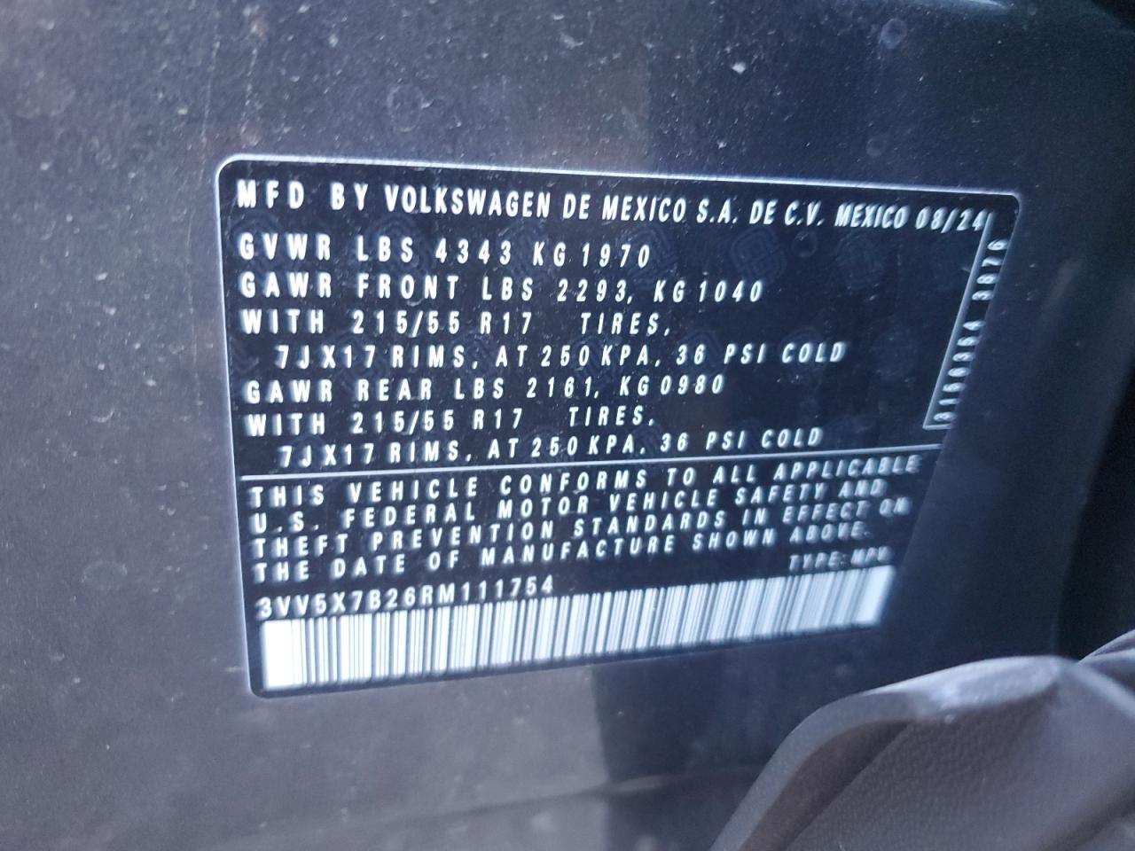 2024 VOLKSWAGEN TAOS S VIN:3VV5X7B26RM111754