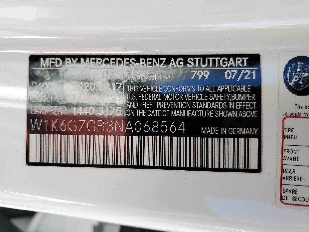 2022 MERCEDES-BENZ S 580 4MATIC VIN:W1K6G7GB3NA068564