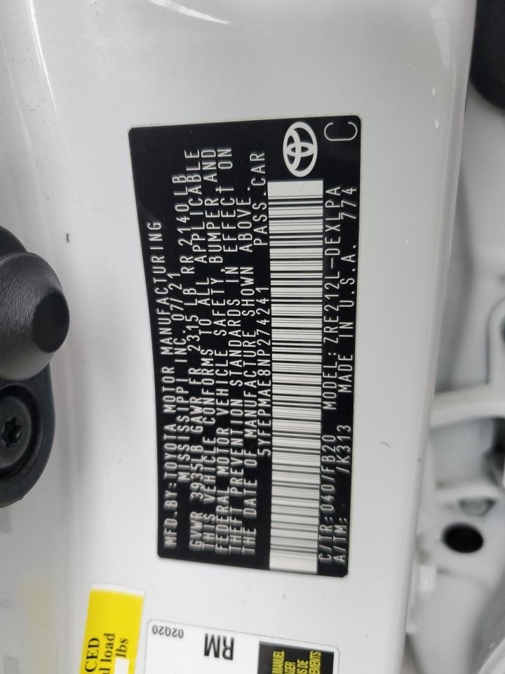 2022 TOYOTA COROLLA LE VIN:5YFEPMAE8NP274241