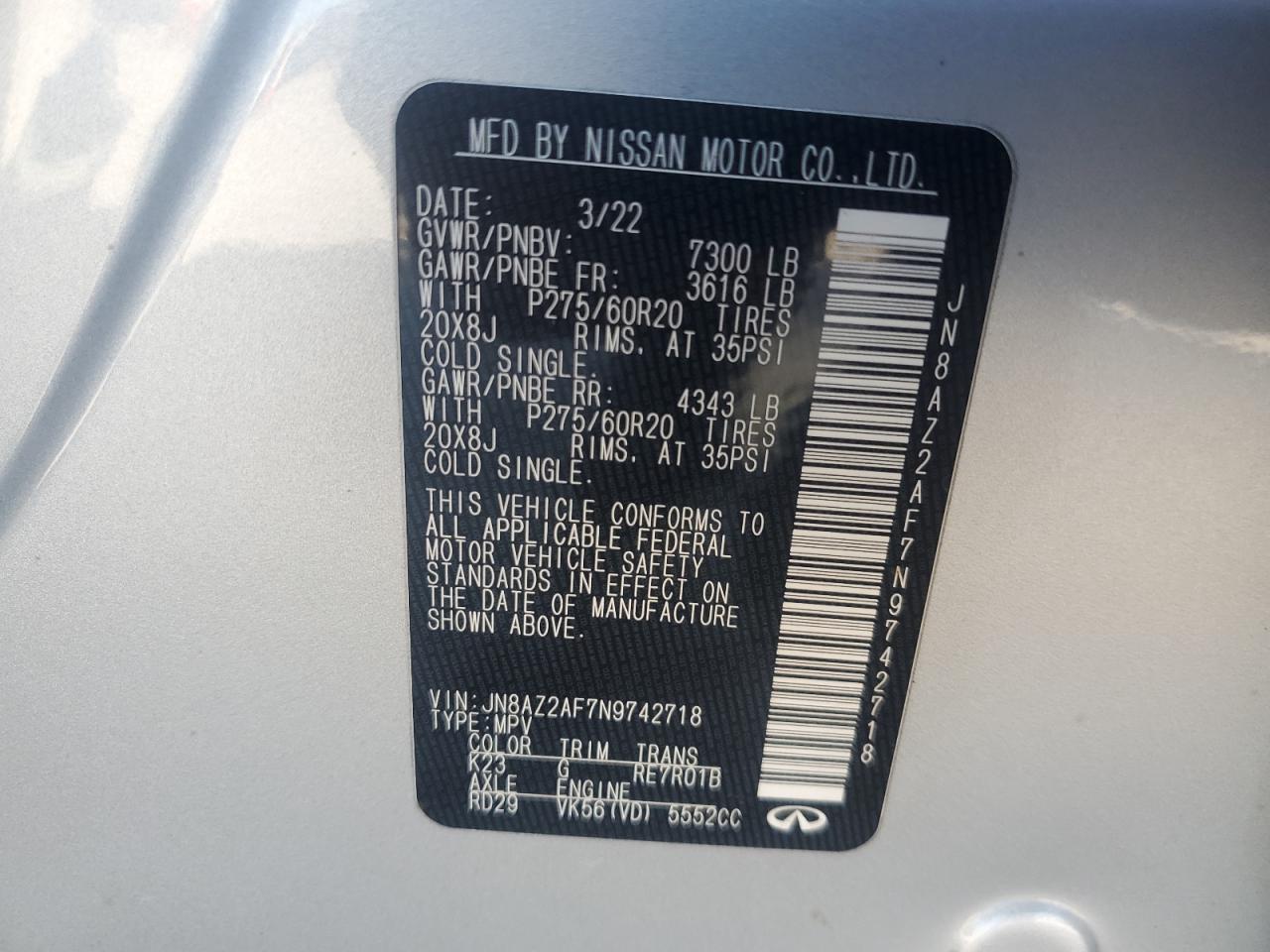 2022 INFINITI QX80 LUXE VIN:JN8AZ2AF7N9742718