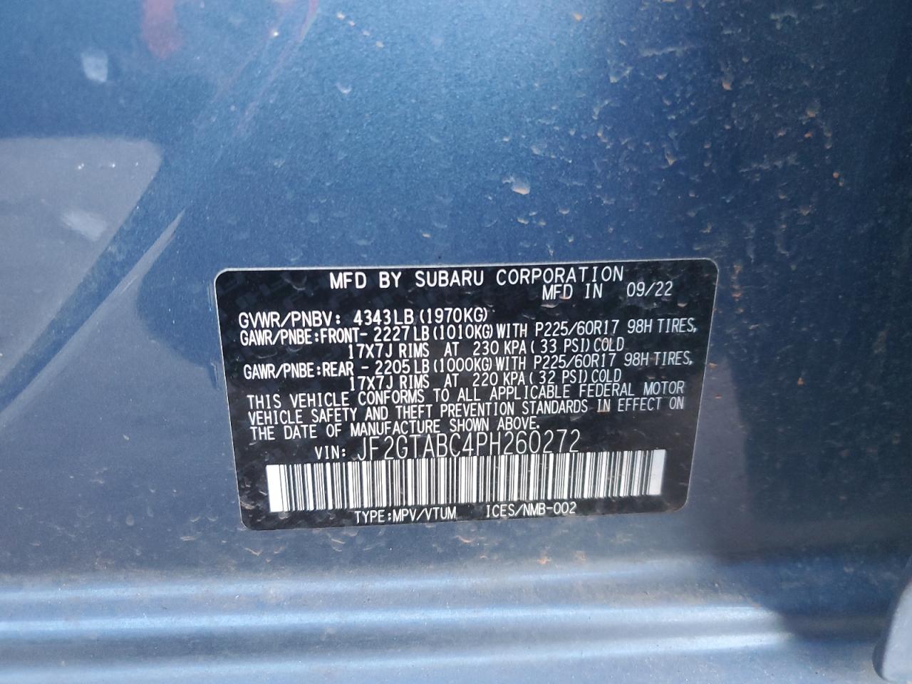 2023 SUBARU CROSSTREK  VIN:JF2GTABC4PH260272