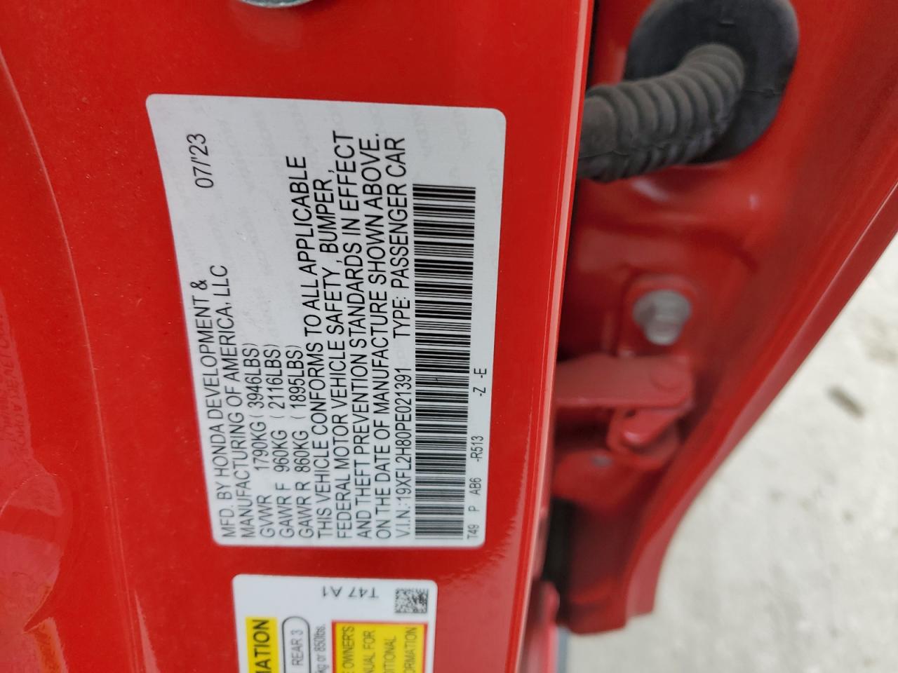 2023 HONDA CIVIC SPORT VIN:19XFL2H80PE021391